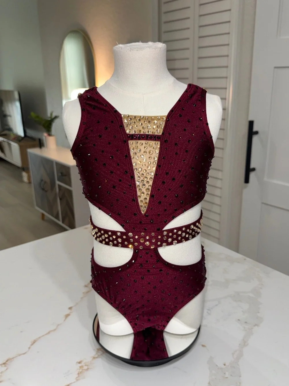 Burgundy and Gold Rhinestoned Dance Leotard with Belt - Ch S